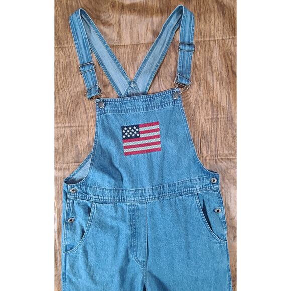 Vintage Agapo Bib Overalls Womens Med Crop Capri Embroidered Flag 4th July Y2K - Picture 9 of 11